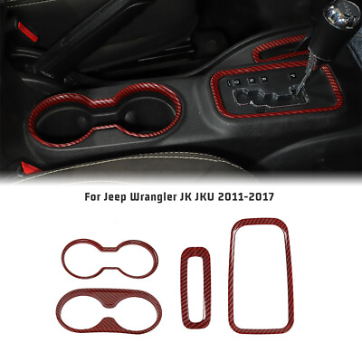 4X Cup Holder Trim Gear Shift Decor for Jeep Wrangler JK 11 17 Red Carbon Parts $26.99