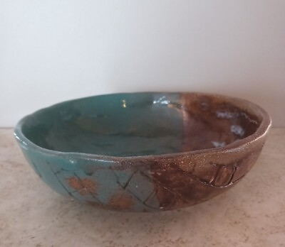 #ad Studio Pottery Art Bowl Handmade Basket Weave Design Teal amp; Brown Signed $40.00