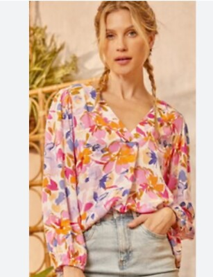 #ad NEW Emily Wonder Pink Floral V Neck Blouse Plus Size 1X $17.99