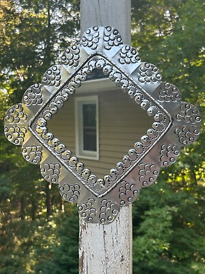 #ad Mexican Handmade Punched Tin Diamond Square Mirror Chrome Silver Color A25 $28.00