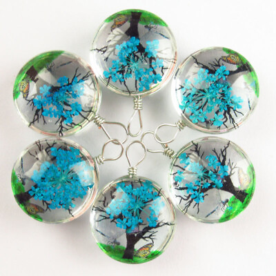 #ad 6Pcs Wrapped Crystal Glass Blue Dried Flower Round Pendant Bead Q11955 $13.27