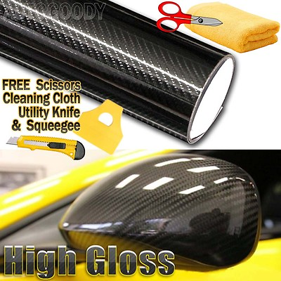 5D Premium HIGH GLOSS Black Carbon Fiber Vinyl Wrap Bubble Free Air Release 6D $55.88