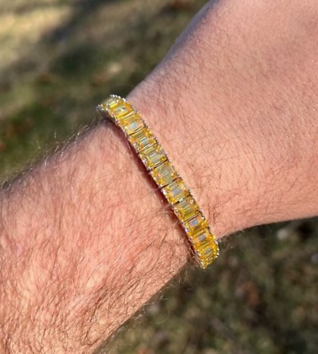 #ad 20Ct Emerald Cut Lab Created Yellow Citrine Men#x27;s Bracelet 14K White Gold Plated $271.34