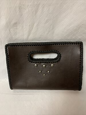 #ad Handmade Clutch Handbag Leather Purse Whip Stitched Silver tone Stud Rare Vtg $24.99