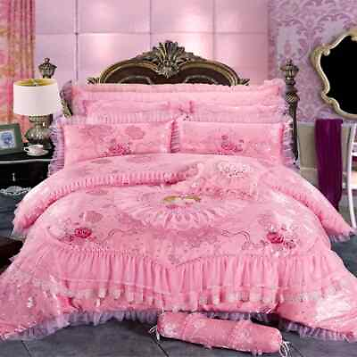 #ad Lace Wedding Bedding Set Jacquard Embroidery Duvet Cover Bedspread Bed Sheet $217.91