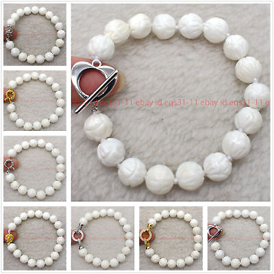 #ad Natural 10 12mm White Coral Carving Gemstone Beads Bracelet 7.5quot; Multiple Clasp $7.87