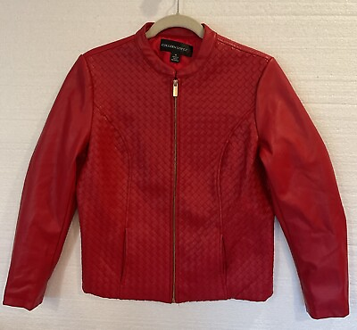 #ad Colleen Lopez Jacket Medium Faux Leather Moto Red Weave Full Zip Stretch $44.99