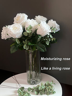 #ad Silicone silk cloth moisturizing rose lifelike flowers 9 white 45cm $132.00