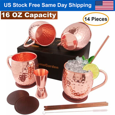 #ad US SHIP 4Pcs Moscow Mule Copper Mug Set Cups with Handles Straws Coasters Brush $25.86