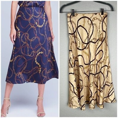 #ad NWT L#x27;Agence Clarisa Bias Maxi Skirt Drapey Satin Beige Gold Chain Print Sz XS T $94.00