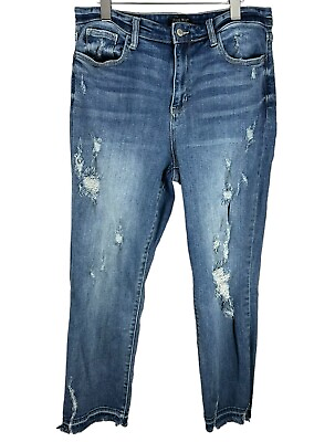 #ad Judy Blue Jeans Straight Fit Hi Rise Denim Raw Hem Distressed Light Size 13 31 $25.99