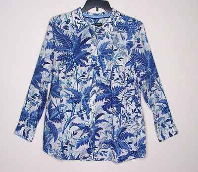 #ad Talbots 2X long sleeve button up blouse white blue leaves Tropical Cruise wear $22.99