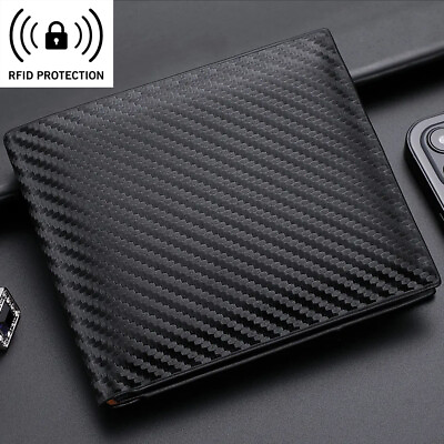 #ad Men#x27;s Slim Wallet RFID Blocking Carbon Fiber Leather Bifold Card ID Holder $9.50