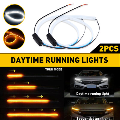 #ad 2pc 60cm LED DRL Headlight Strip Lights Sequential Amber Turn Signal Light Lamp $12.23