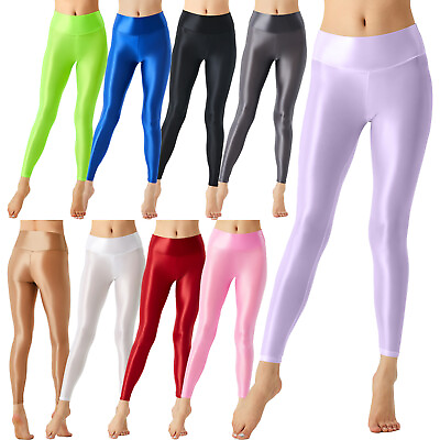 #ad Womens Shiny Glossy High Waist Yoga Pants Solid Stretchy Workout Dance Leggings $11.71