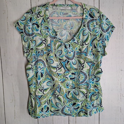 #ad Liz Clairborne Size 2X Green Floral Paisley Cotton Short Sleeve Casual Blouse $11.99