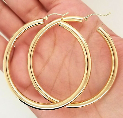 #ad 14K Yellow Gold 4MM Thick Round Hoop Earrings Snap Closure 2 Inches 50 MM Wide $429.99