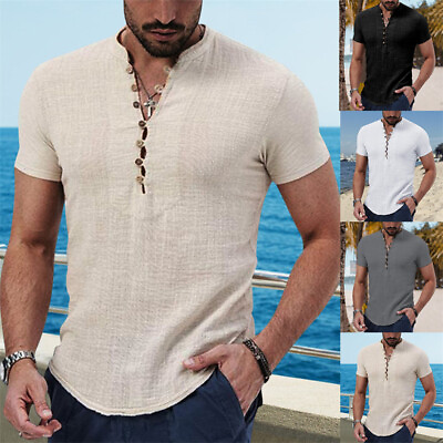 #ad Mens Casual Short Sleeve Loose Blouse Cotton Linen Shirt Button Down Shirts Tops $14.88