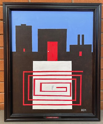 #ad Vintage Geometric Abstract Acrylic Painting Art Wall Hanging Signed Menges REM $285.00