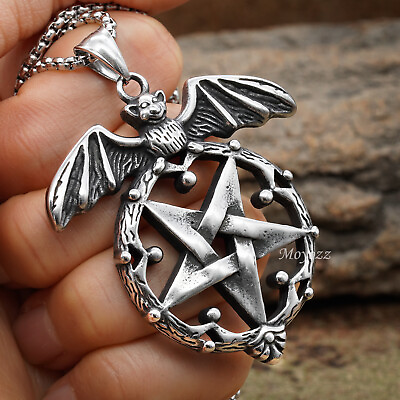 #ad Stainless Steel Mens Gothic Wiccan Satanic Pentagram Bat Pendant Necklace Gift $7.99