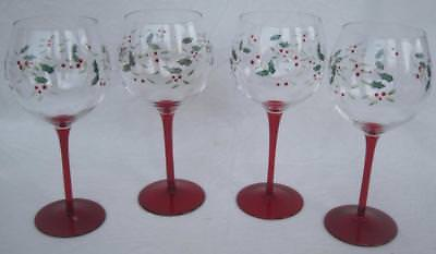 4 Pfaltzgraff Winterberry Wine Glass Christmas Balloon Etch Clear Red Stem 8.5 $36.30