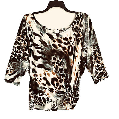 #ad SHIRA P Sz 2X Side Tie Animal Print Blouse Top 3 4 Sleeves Stretchy $11.00
