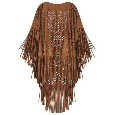 #ad Women Capes Ponchos Cardigan Cloak Suede Floral Hollow Out Fringe Tassel Shawl $29.99