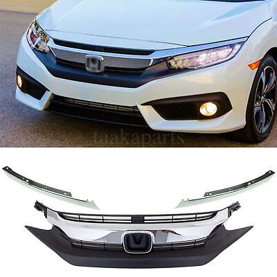 #ad Front Bumper Grille Grill W Chrome Eyelid Molding For 2016 18 Honda Civic Sedan $75.99