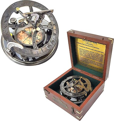 #ad Nautical Antique Brass Sundial Compass With Hardwood Box Maritime Compass Gift $100.44