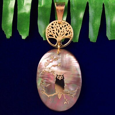 #ad 2pcs Tibetan Gold Life tree amp; Natural Abalone Shell Owl Oval Pendant $9.35