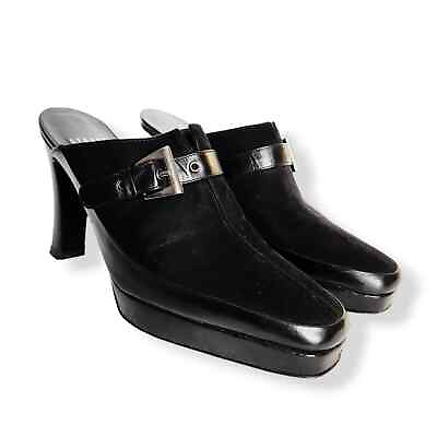 #ad Stuart Weitzman Black Leather Suede Platform Heeled Mules Slides Size 6 $38.99