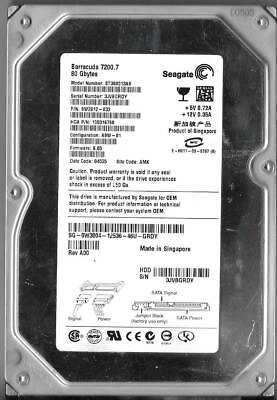 #ad Seagate ST380013AS 80GB Sata Hard Drive P N: 9W2812 033 F W: 8.05 AMK FOR PARTS $15.99