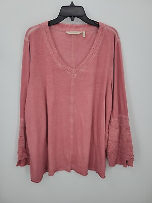 #ad Soft Surroundings Top Womens Plus 2X Red Faded Wash Lace Trimmed Boho Beachy $25.02