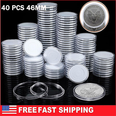 #ad 40Pcs 46mm Clear Plastic Round Coin Cases Capsules Container Holder Storage US $12.99