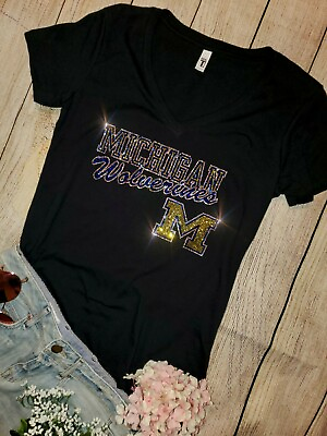 #ad New University of Michigan Wolverines Womens Rhinestone V Neck T shirt SM 4X $24.99