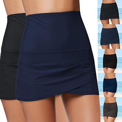 #ad Women#x27;s High Waist Tulip Hem Shirring Swim Skirt Skort Swimsuit Bikini Bottom $27.39