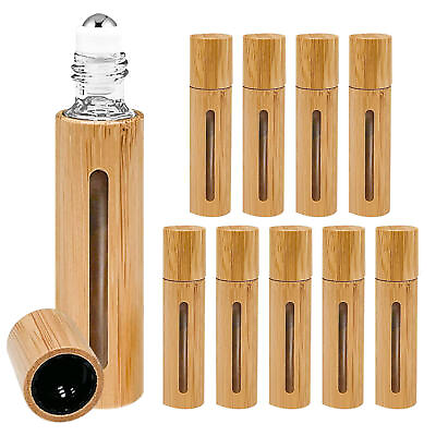 #ad 10X Glass Essential Oil Roll on Bottles Nature Bamboo Perfume Roller Refillable $14.55