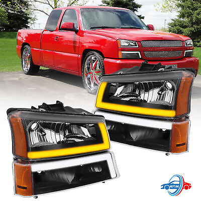 #ad Black Headlights For 03 07 Chevy Silverado Avalanche LED DRL Sequential Signal $94.95