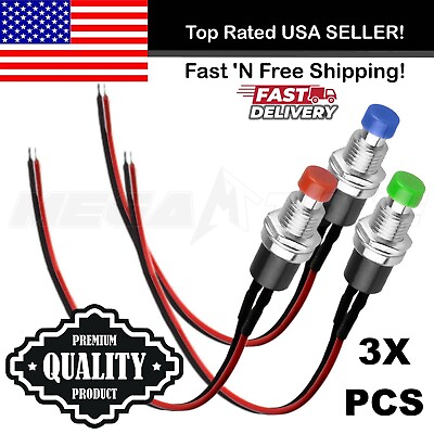 #ad 3X Red Blue Green SPST Mini Push Button Pre Wired N O Momentary Switch OFF ON $6.95