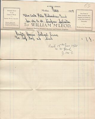 #ad William M#x27;Leod Moffat 1920 School Lane Tap at Sink Work Paid Invoice Ref 41427 GBP 7.00