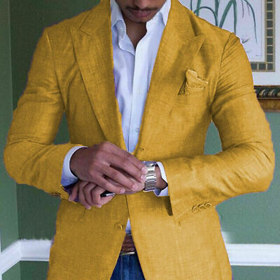 #ad Men#x27;s Linen Suit Summer Yellow Suit Slim Fit Business Peak Lapel Blazer amp; Pants $68.56