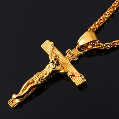 #ad Jesus Christ Crucifix Cross Pendant Chain Necklace Stainless Steel Gold Plated $9.95