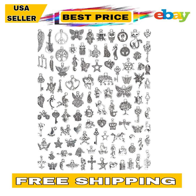 #ad 100 PCs Silver Charms for Jewelry Making Mixed Lot Pendants Bracelet Necklace $10.42