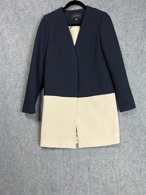#ad Ann Taylor Coat Women 2XS XXS Long Sleeve Navy Blue Beige Long Front Pocket $29.65