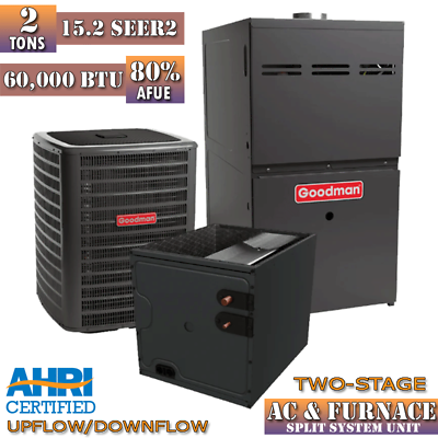 #ad Goodman 2 Ton AC amp; Gas Furnace System 15.2 SEER2 80% AFUE 60000 BTU Two Stage $3450.00
