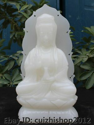 #ad 12quot; Natural White Jade Buddhism lotus Kwan Yin Guan Yin Goddess Buddhism Statue $351.12