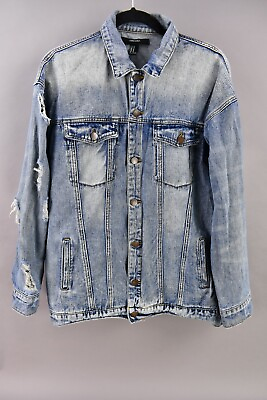 #ad Forever 21 Mens Light Blue Distressed Denim Jean Jacket Size M $19.99