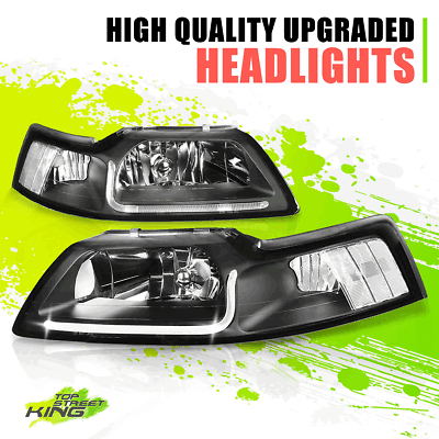 #ad LED DRL Strip Halogen Headlight Lamps for Ford Mustang 99 04 Black Clear Pair $123.88
