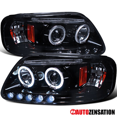 #ad LED Halo Fit 1997 2003 Ford F150 Expedition Black Smoke Projector Headlights $123.99