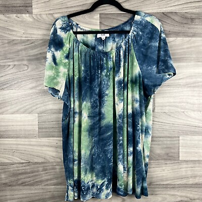 #ad Fyve Blouse Womens 2X Plus Blue Tie Dye Short Sleeve Ruched Pullover Scoop Neck $9.95